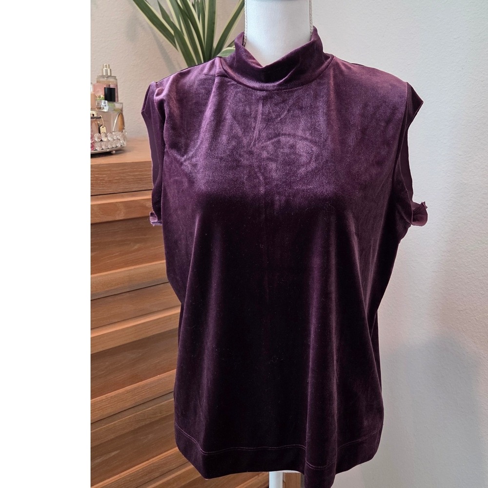 Appleseeds Petites Purple Velvet Mock Neck Sleeveless Top Blouse‎ PL Back Zip